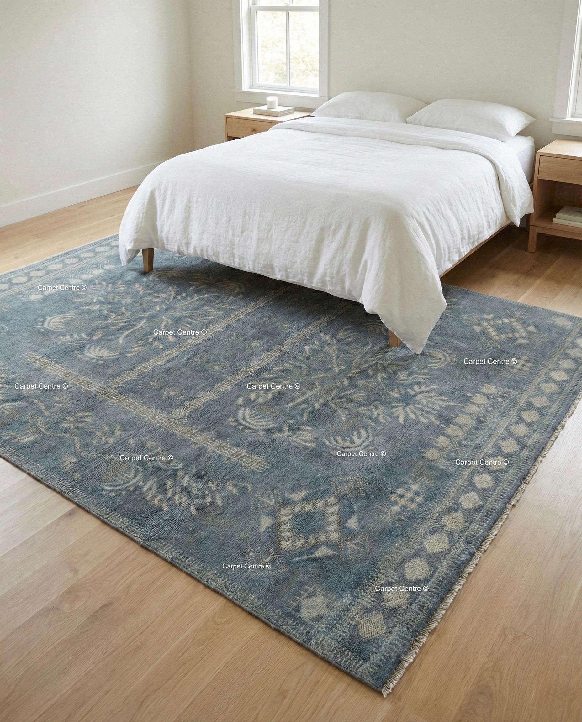 Slate Blue Hand Knotted Oushak Wool Rug, Turkish Vintage Area Carpet