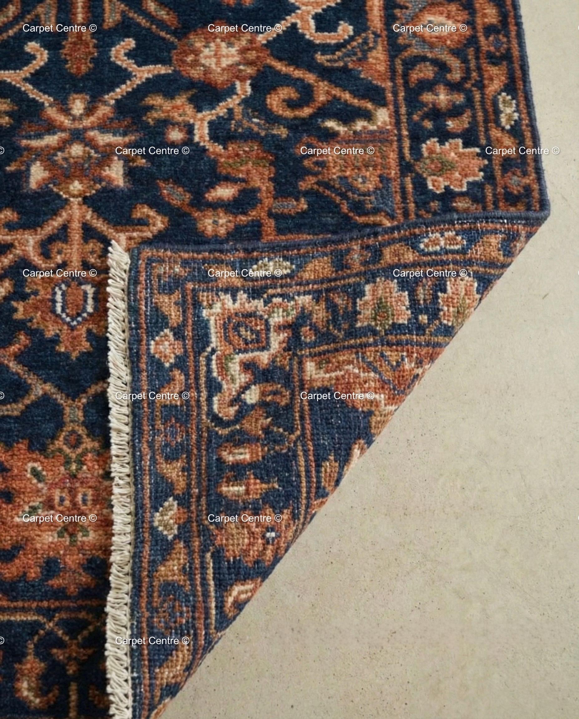 Hand Knotted Navy Blue Oushak Wool Rug, Rustic Floral Entryway Mat