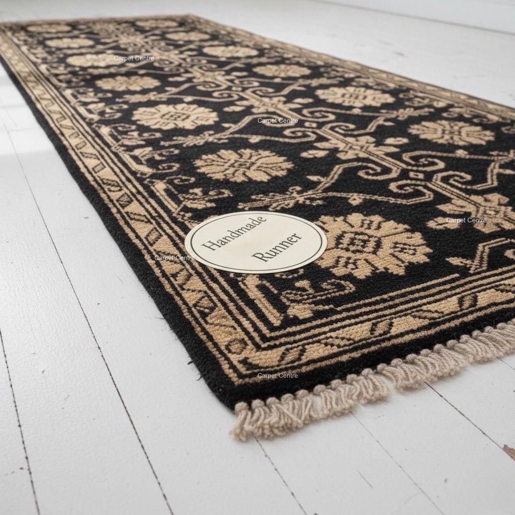 Hand-Knotted Wool Runner Rug, Black and Beige Floral Lattice, Oushak Quality