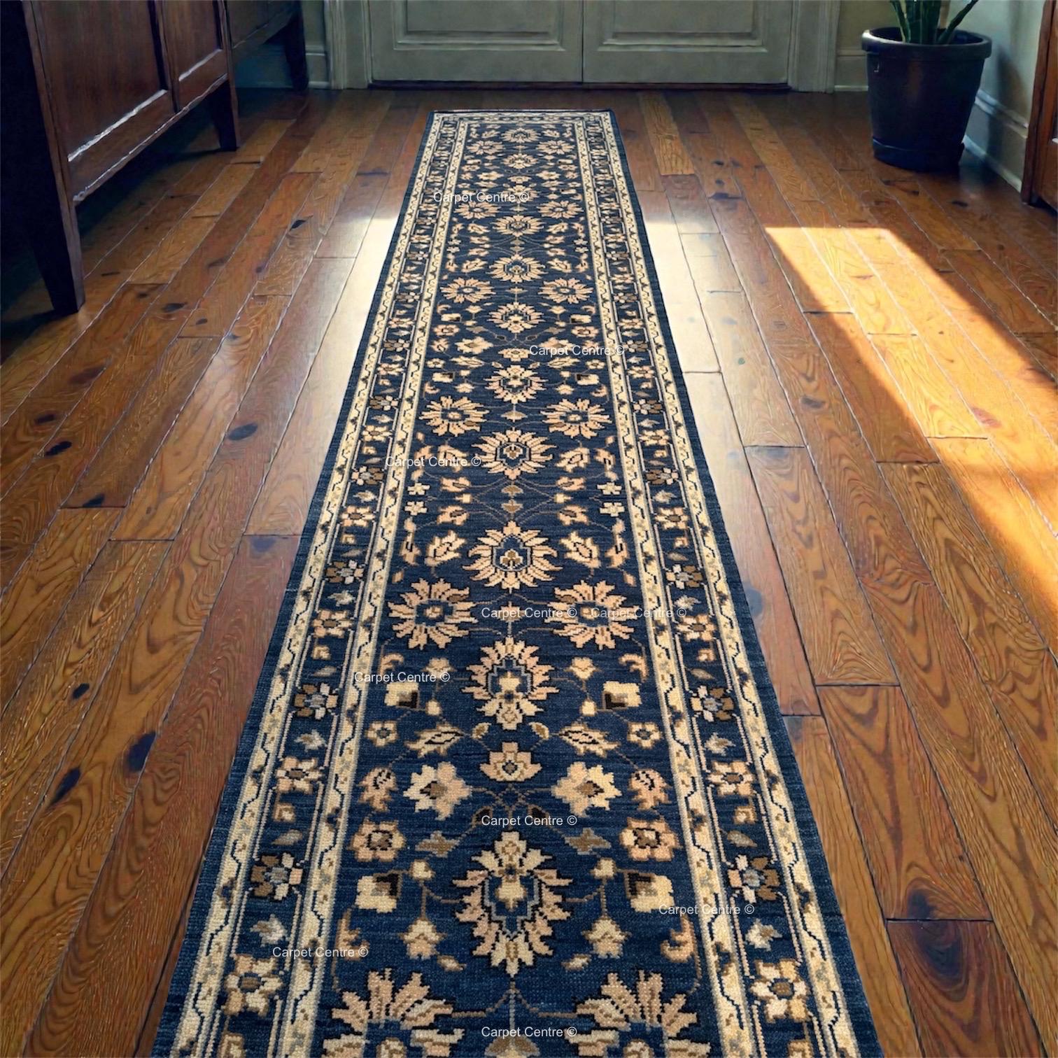 Handmade Oushak Wool Runner Rug: Navy Blue Floral Hallway Rug