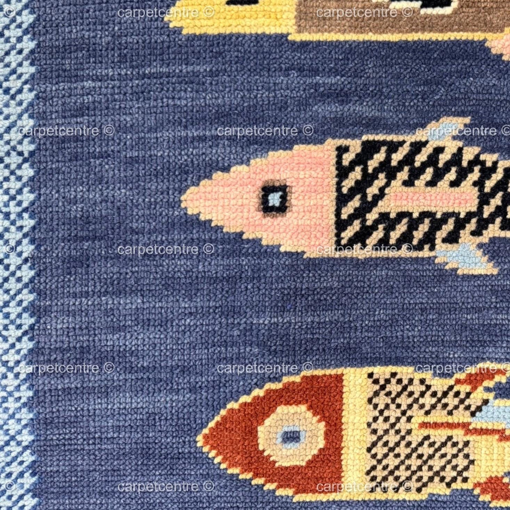Hand Knotted Oushak Runner Rug, New Zealand Wool, Fish Motif Hallway Runner
