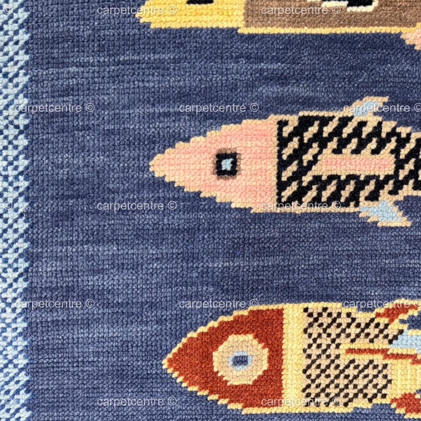 Hand Knotted Oushak Runner Rug, New Zealand Wool, Fish Motif Hallway Runner
