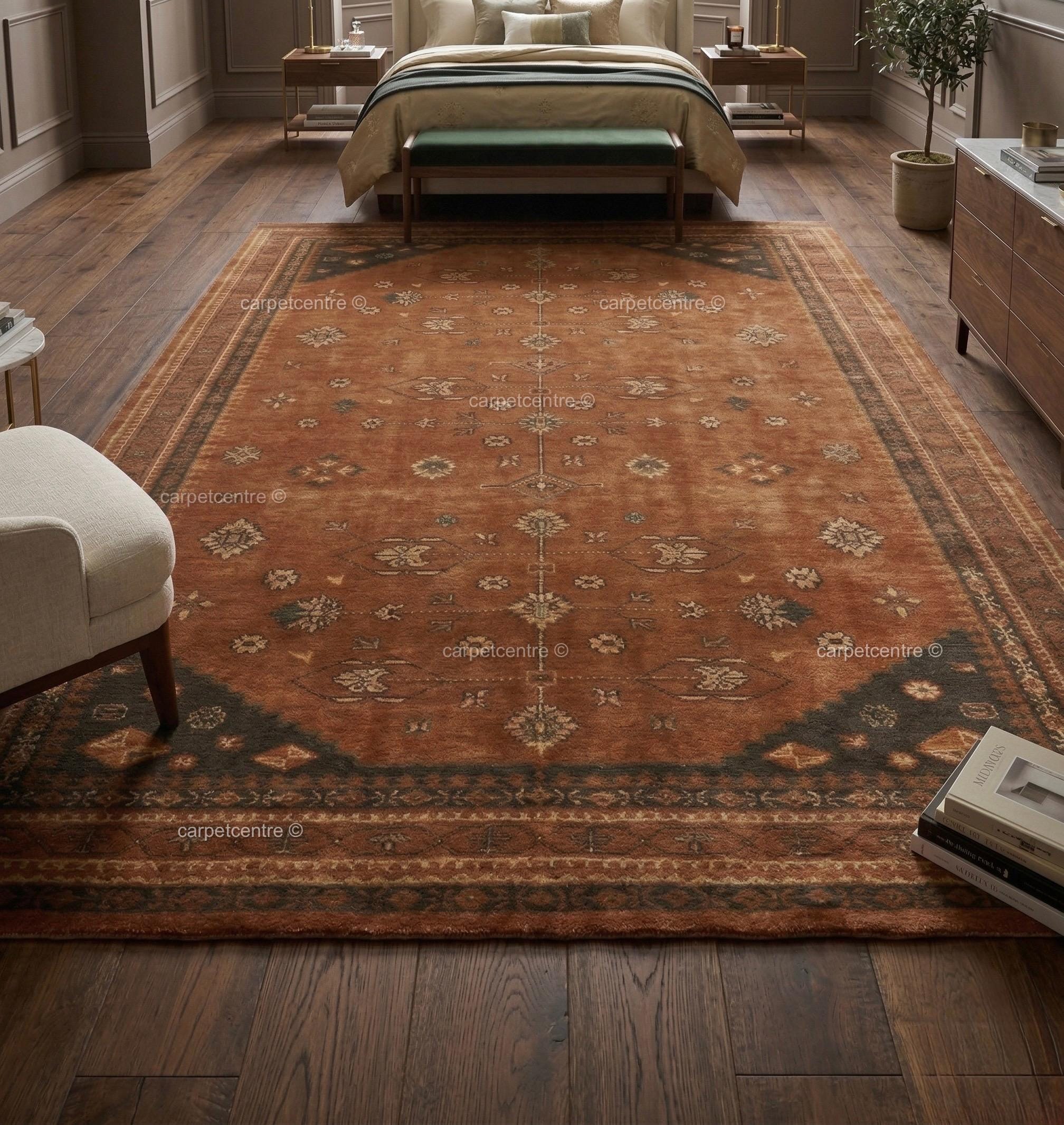 Hand-knotted Wool Oushak Rug: Terracotta Orange, Muted Rust Boho Decor