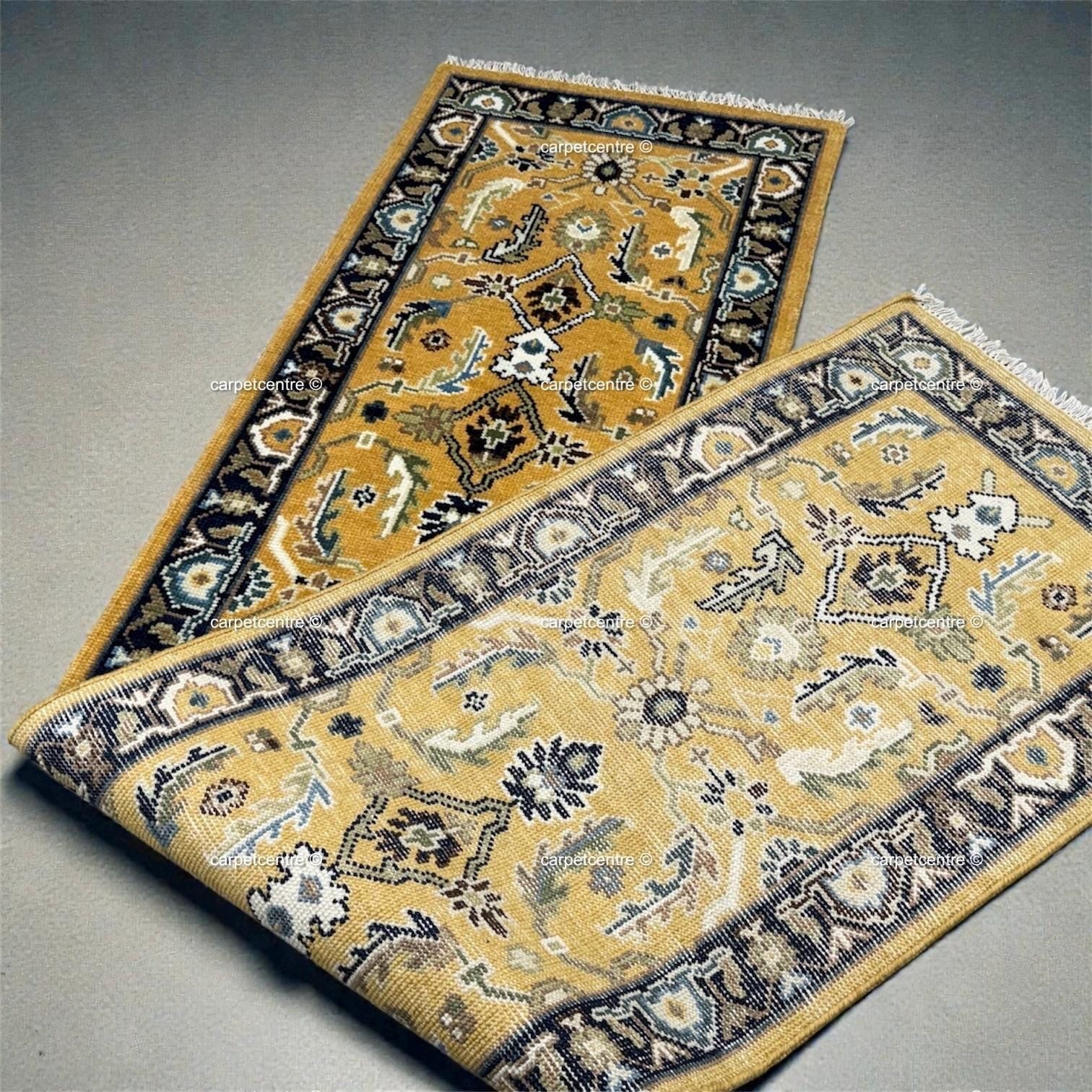 Yellow Oushak Hand-Knotted Wool Runner, Traditional Persian Style Navy Border Rug