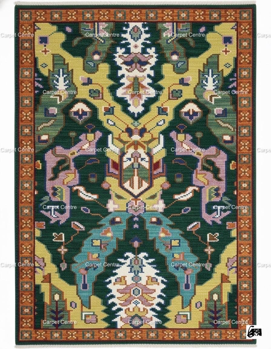 Green Oushak Rug, Hand-Knotted Wool Geometric Kilim Rug, Boho Decor