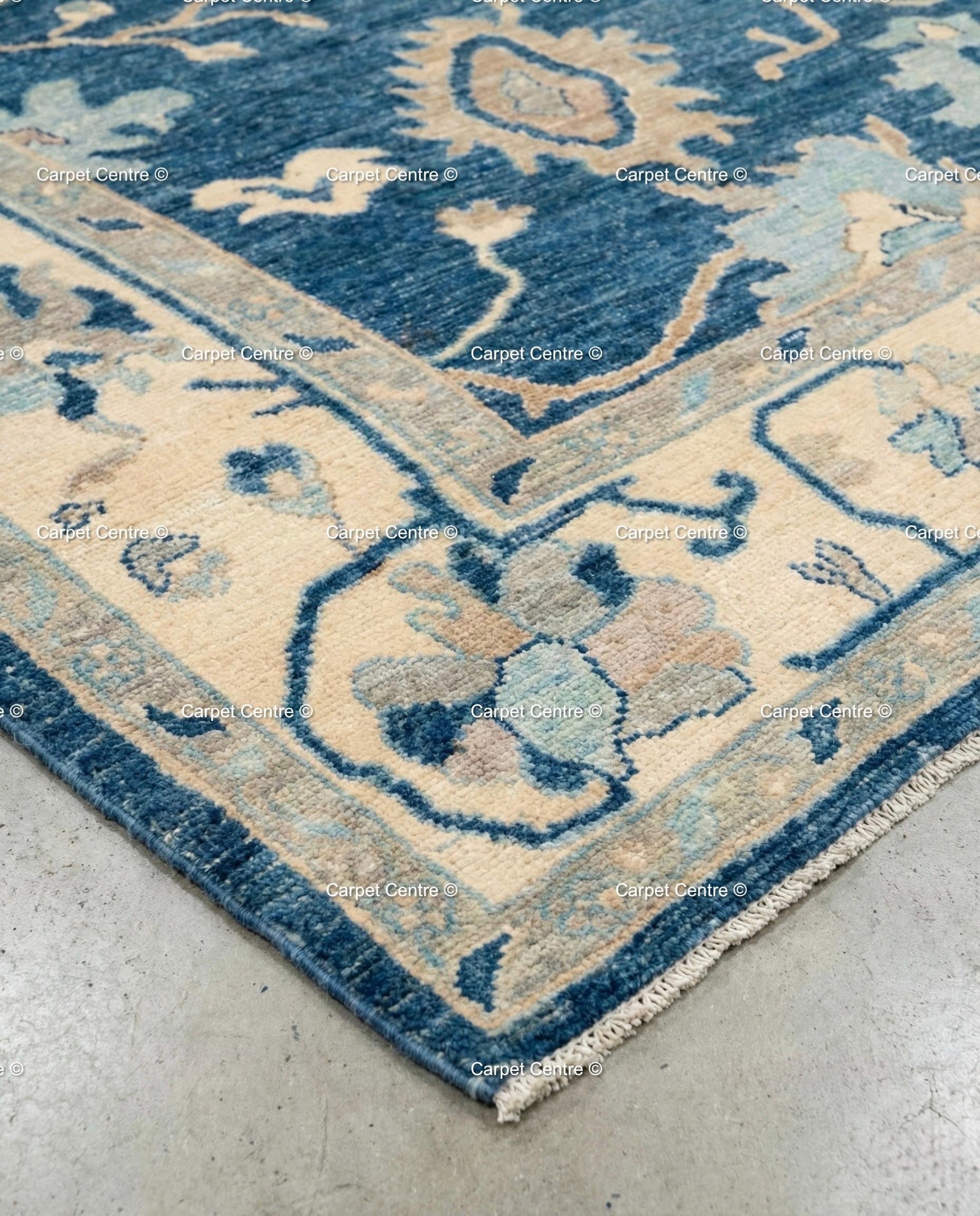 Hand Knotted Navy Blue Wool Oushak Rug, Traditional Floral Carpet