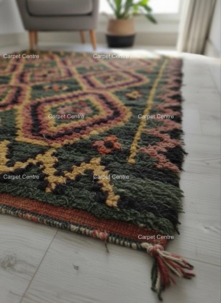 Green Moroccan Shag Rug, Hand-Knotted Wool, Geometric Diamond, Tulu Style