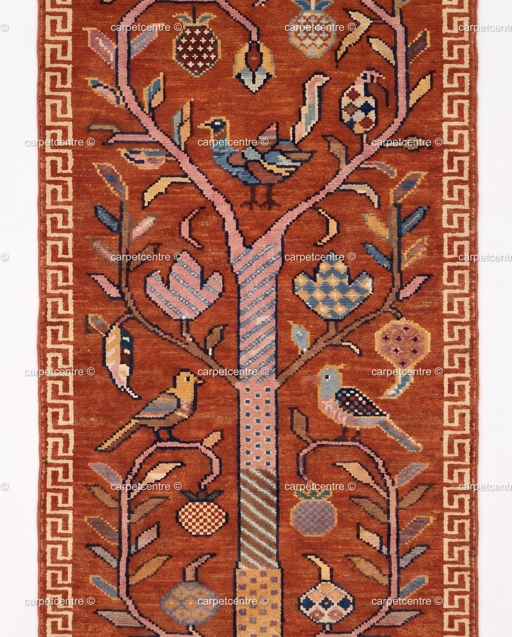 Tree of Life Runner Rug: Rust Orange Colorful Carpet Handmade Wool Area Rug