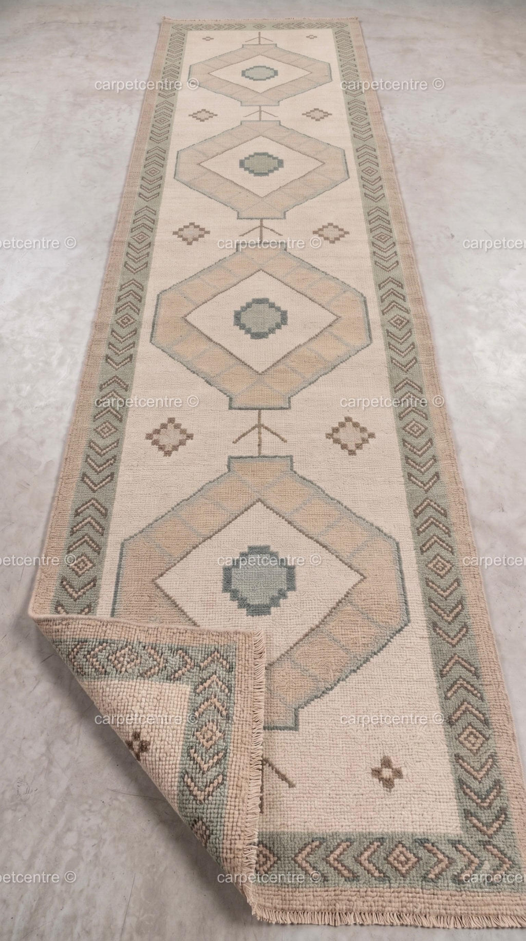 Vintage Oushak Runner Rug | Cream Geometric Turkish Hallway Rug | Boho Chevron Entryway 100% Wool
