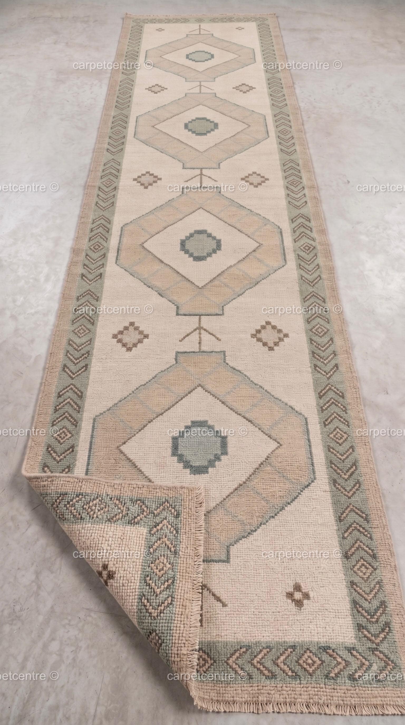 Vintage Oushak Runner Rug | Cream Geometric Turkish Hallway Rug | Boho Chevron Entryway 100% Wool