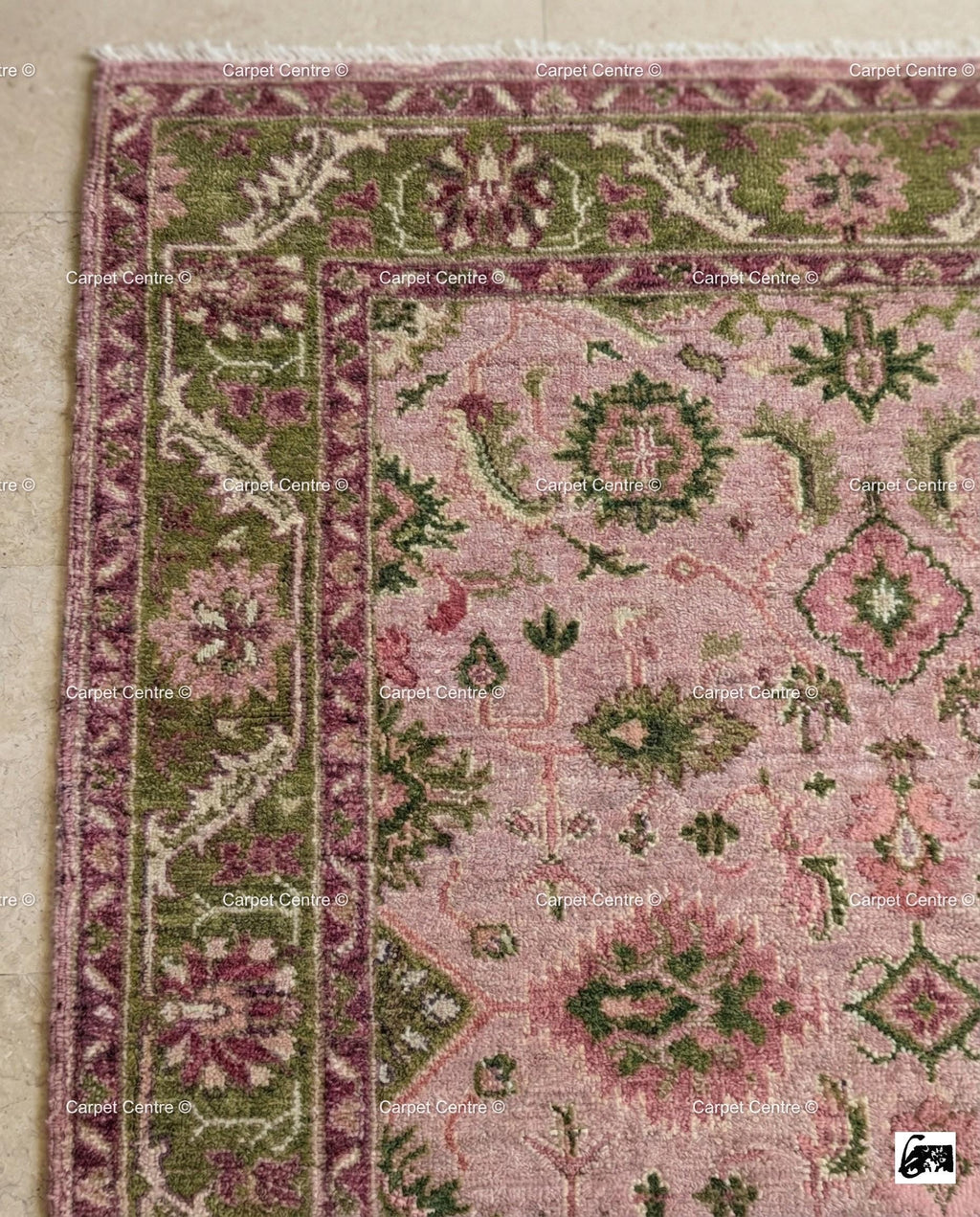 Hand Knotted Wool Oushak Rug – Rose Pink, Green Border, Turkish Floral Design