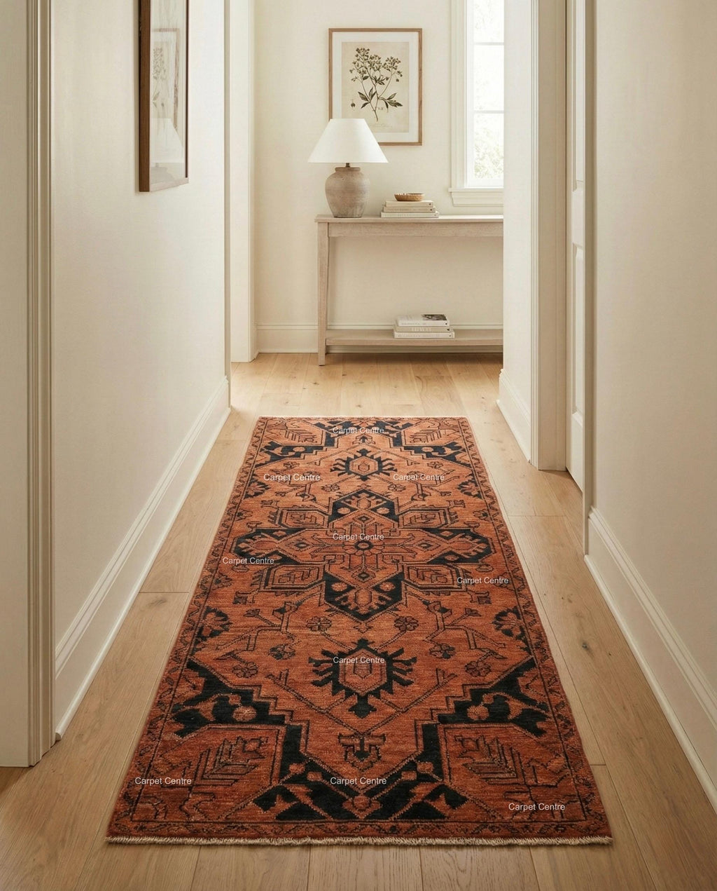 Rust Oushak Runner Rug, Hand-Knotted Wool, Turkish Knot Heriz Style