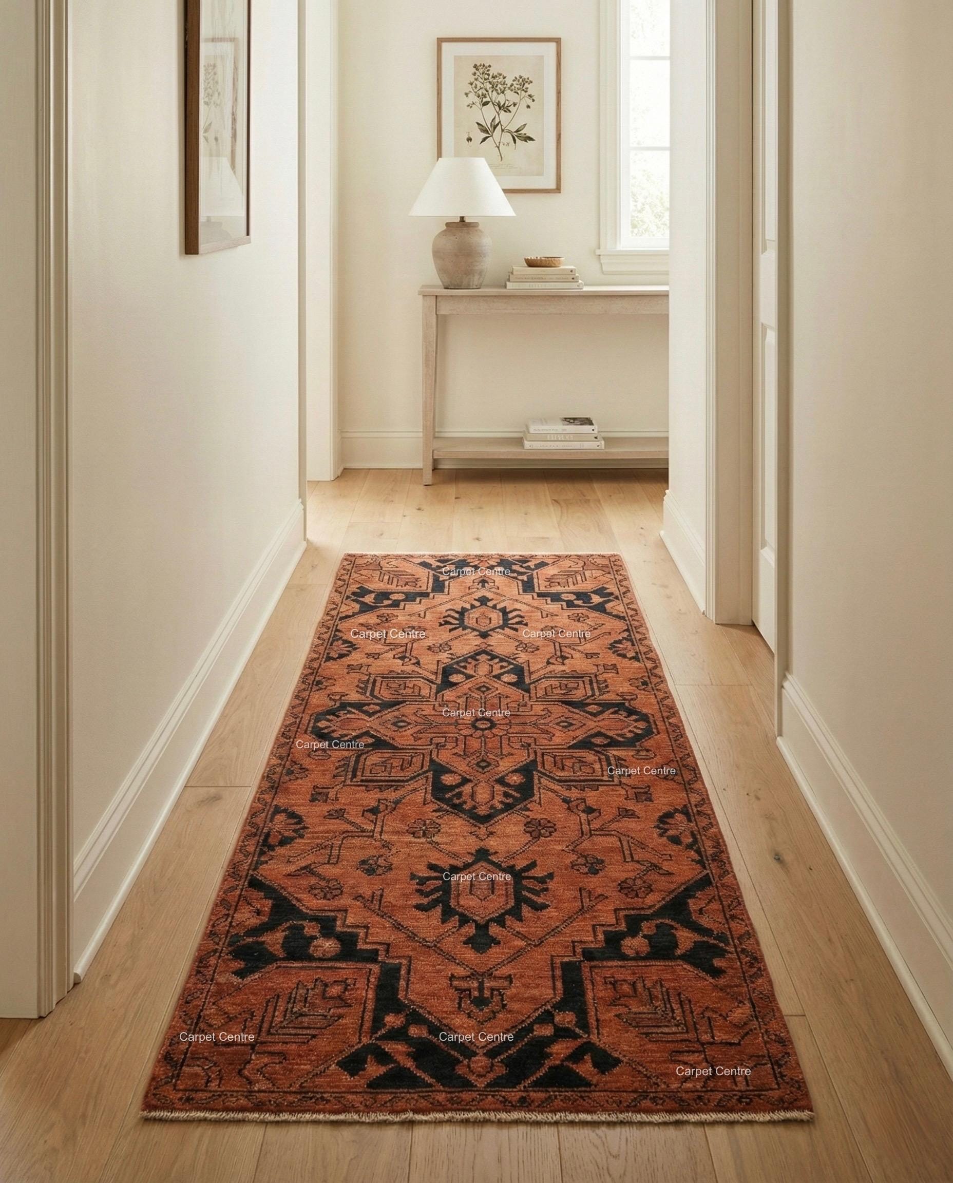 Rust Oushak Runner Rug, Hand-Knotted Wool, Turkish Knot Heriz Style