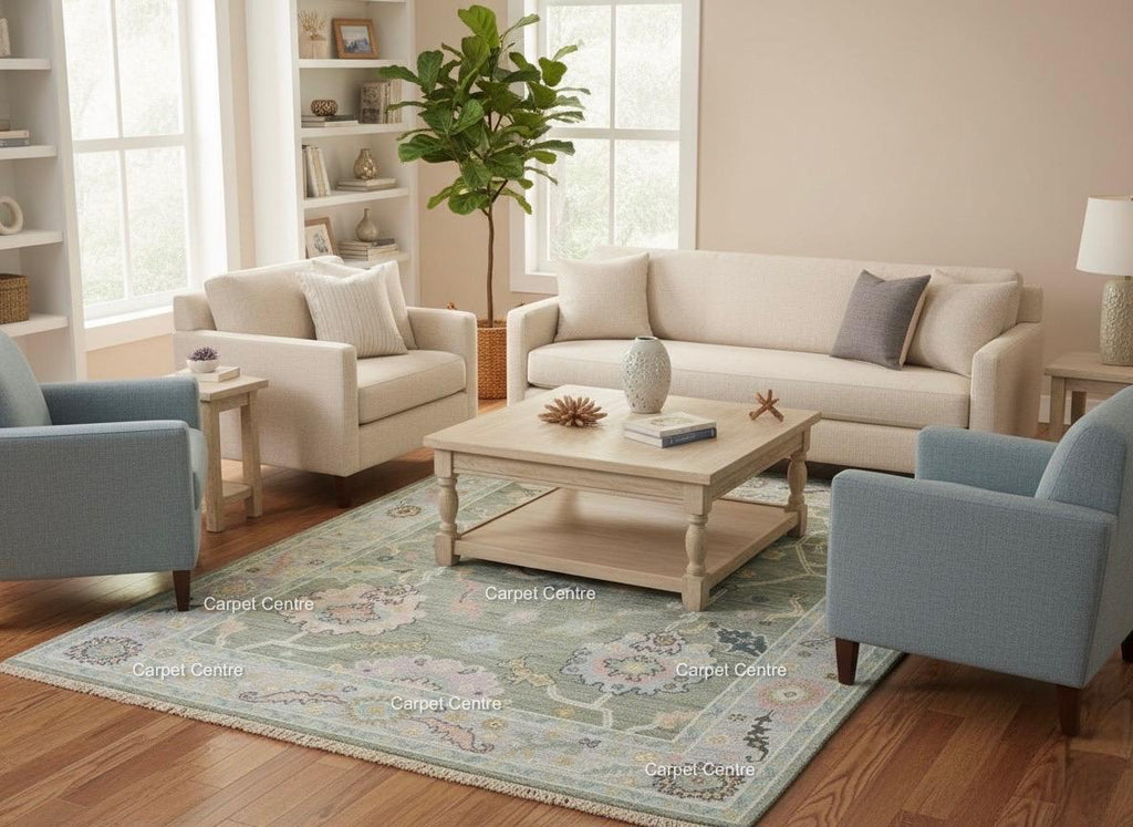 Handknotted Oushak Wool Rug | Sage Green, Pastel Floral Design