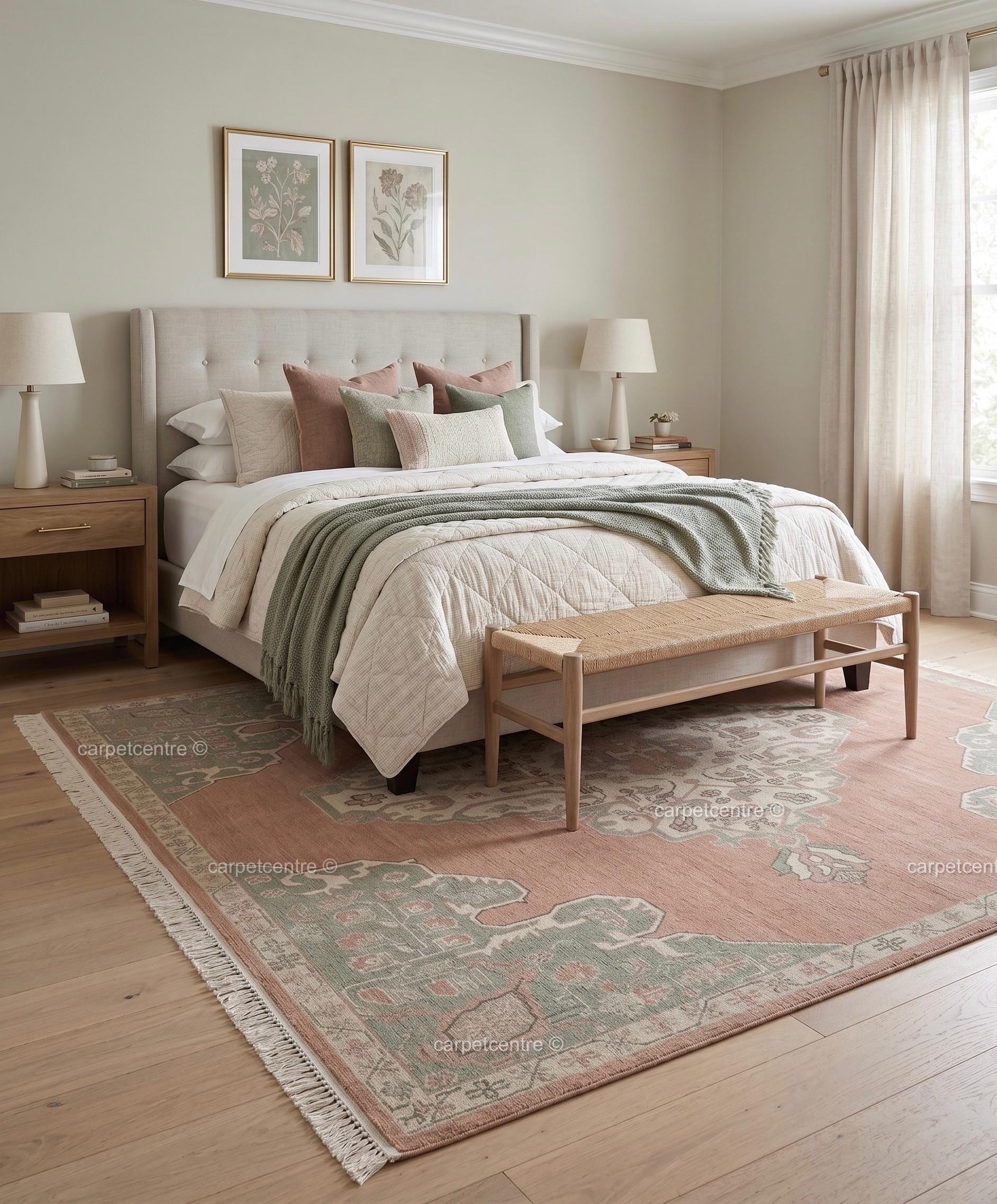 Hand Knotted Oushak Rug: Dusty Rose, Sage Green, New Zealand Wool Carpet