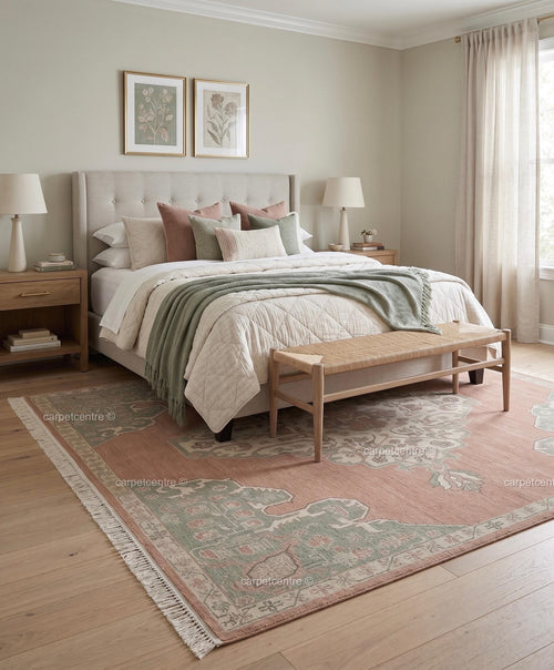 Hand Knotted Oushak Rug: Dusty Rose, Sage Green, New Zealand Wool Carpet