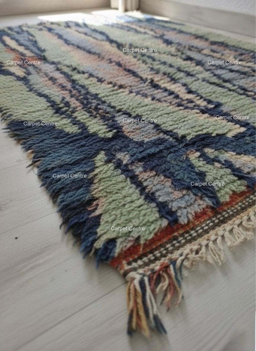 Handmade Moroccan Shag Rug, Navy Blue, Sage Green, Wool Tulu Rug
