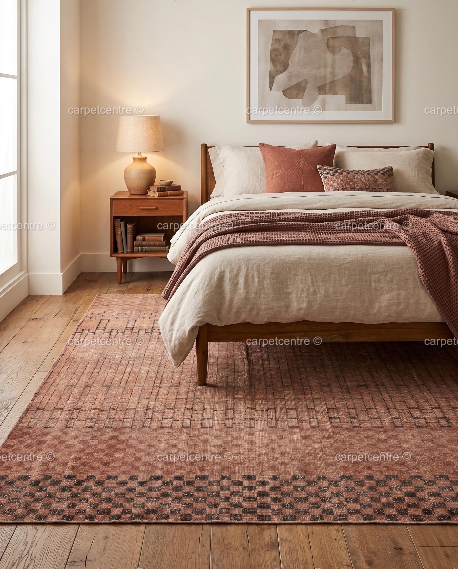 Terracotta Grid Oushak Rug | Rust, Blush, Sand, Charcoal | Hand-Knotted Wool Carpet