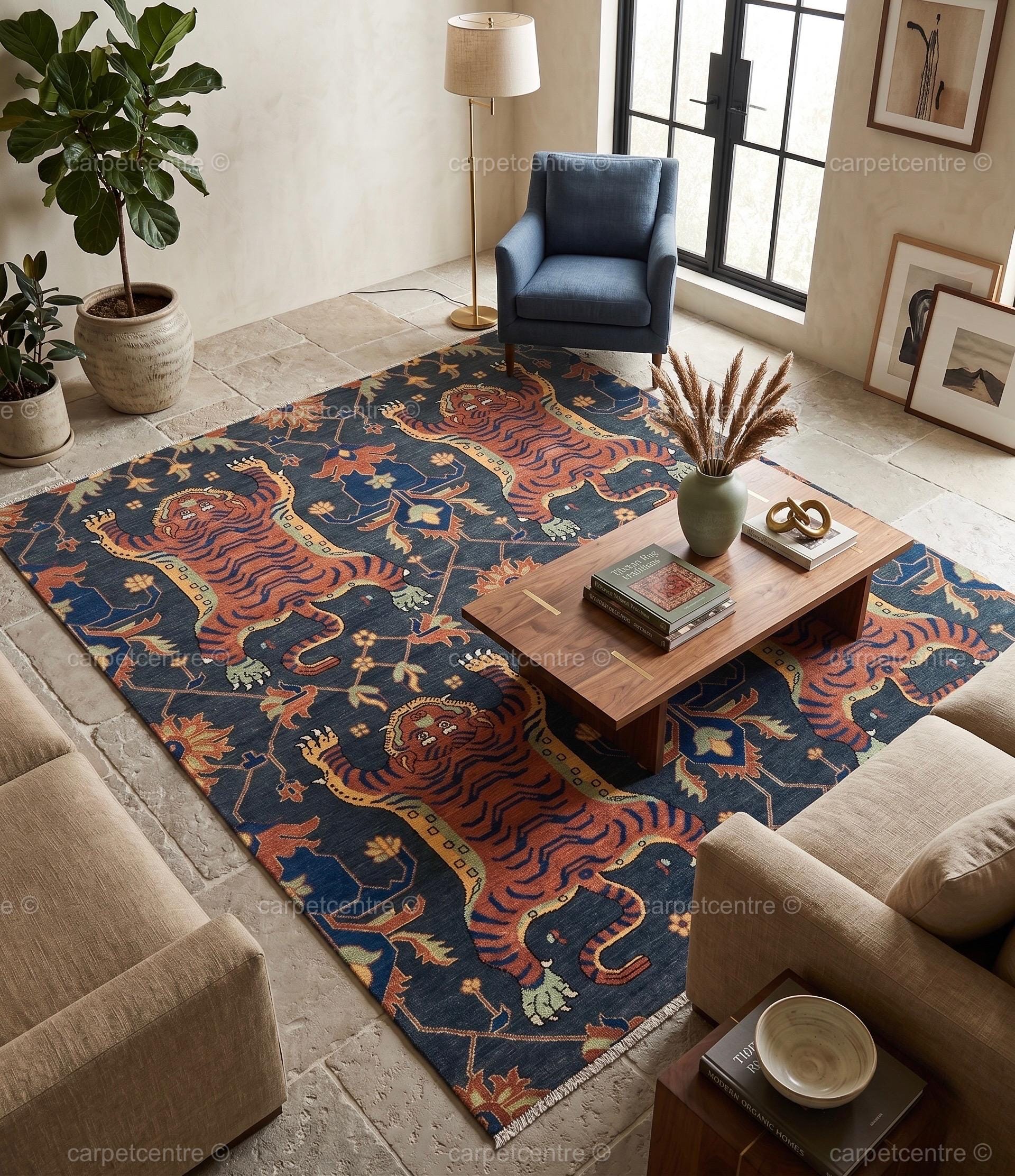 Tibetan Tiger Print Oushak Rug, Hand Knotted Wool 6x8 8x10 9x12 10x14 Area Carpet, Charcoal Rust Maximalist Decor Living Room Bedroom Decor