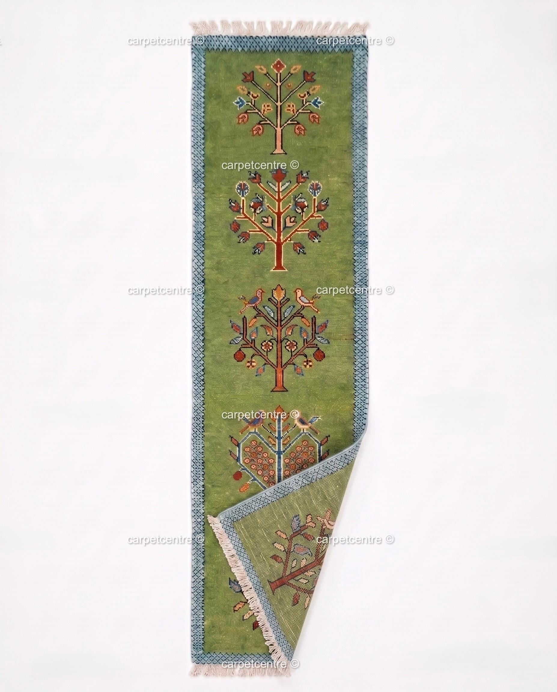 Green Wool Tribal Tree Runner Rug – Bird Motif Folk Art Hallway Carpet
