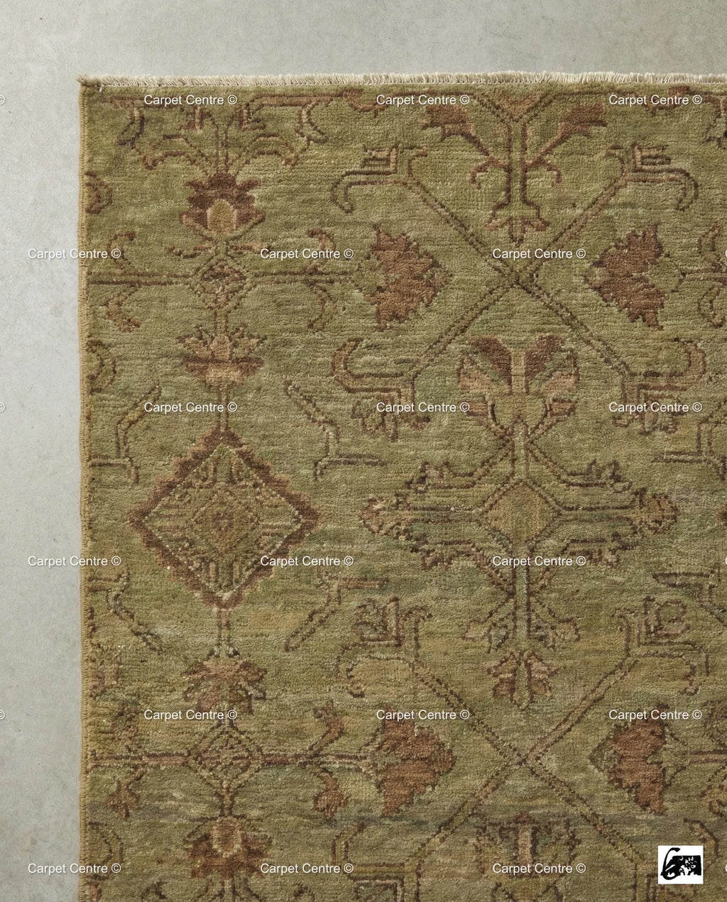 Hand Knotted Wool Oushak Rug, Muted Olive Green Geometric Carpet