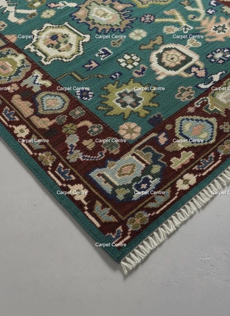 Teal Oushak Rug, Hand-Knotted Wool Area Rug, Red Border