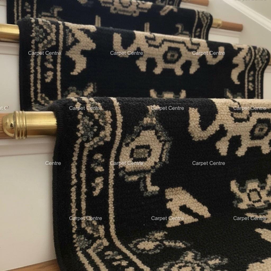 Handmade Wool Oushak Runner Rug, Black & Cream Geometric Entryway