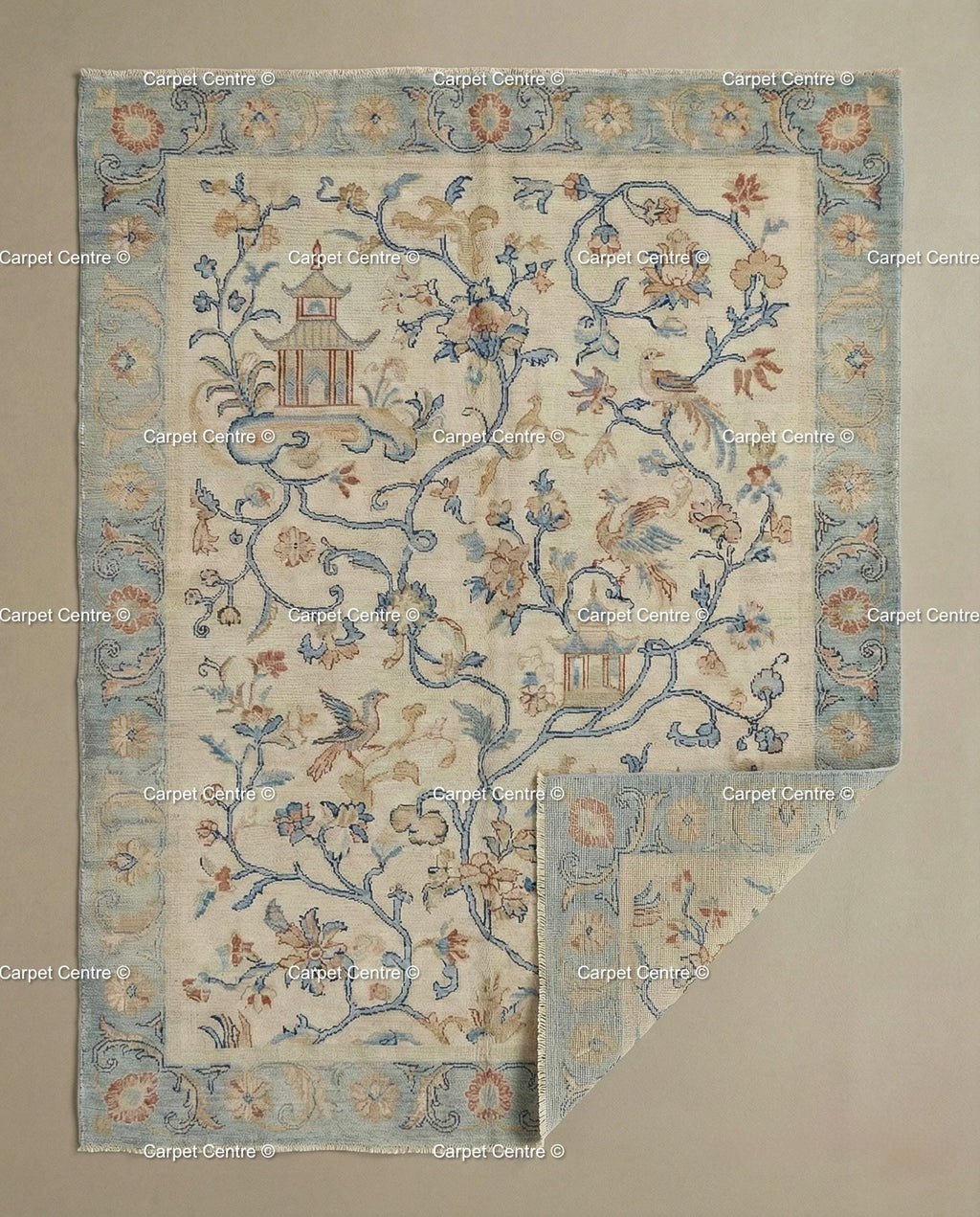 Hand-Knotted Wool Oushak Rug, Cream Chinoiserie Peking Design