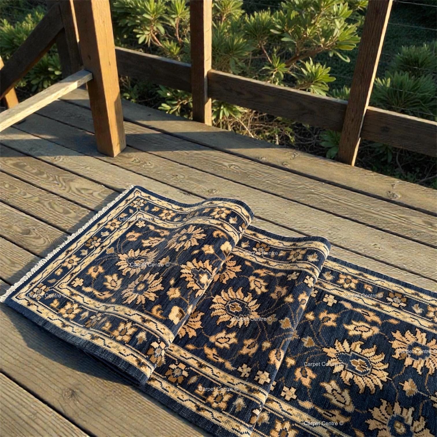 Handmade Oushak Wool Runner Rug: Navy Blue Floral Hallway Rug