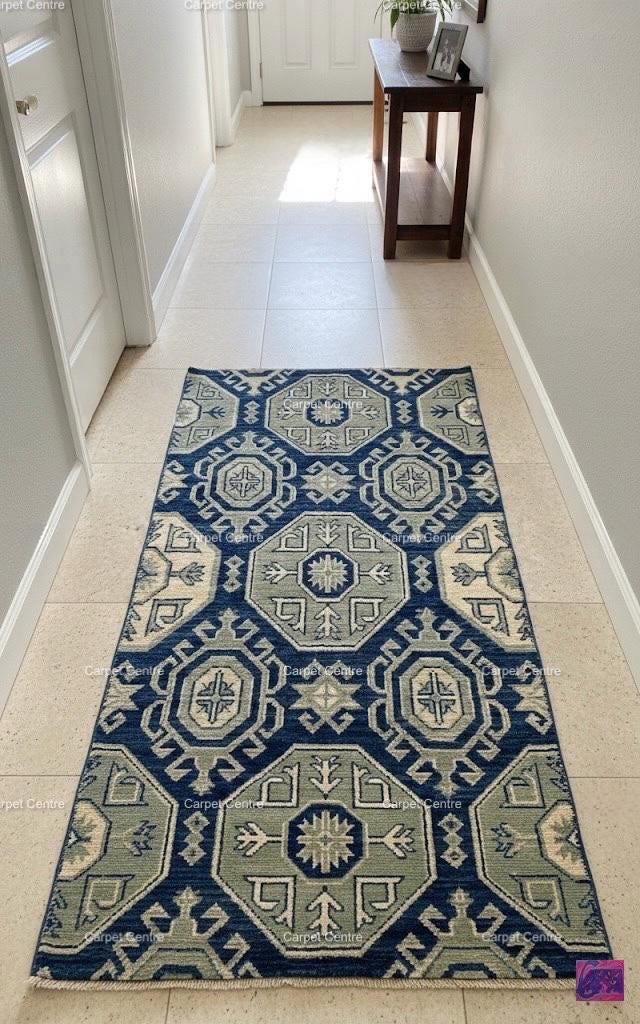 Navy Blue Turkish Oushak Wool Runner Rug, Gray Medallion