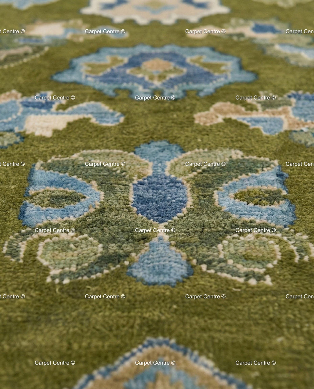 Hand Knotted Wool Oushak Rug, Olive Green, Navy Border