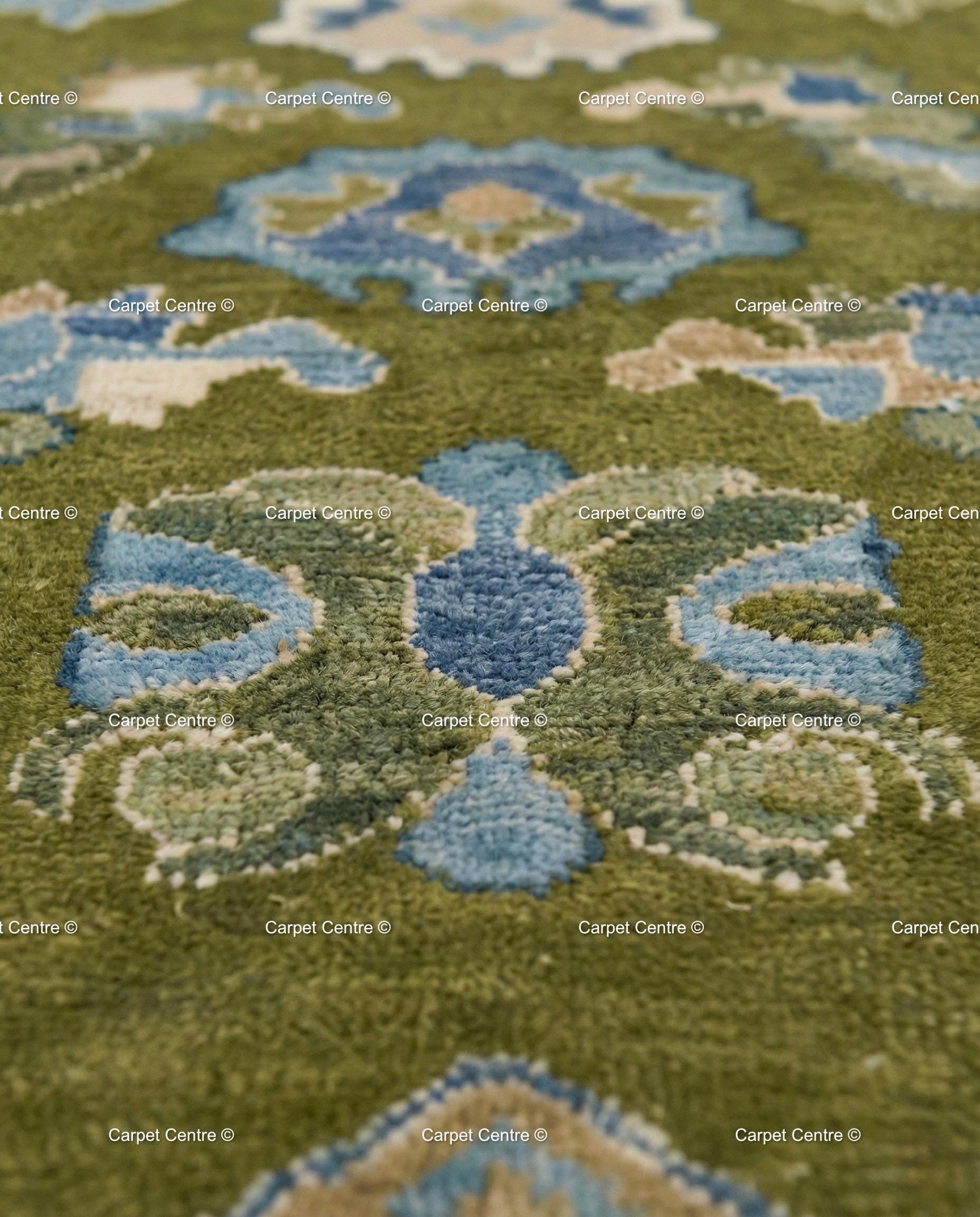 Hand Knotted Wool Oushak Rug, Olive Green, Navy Border