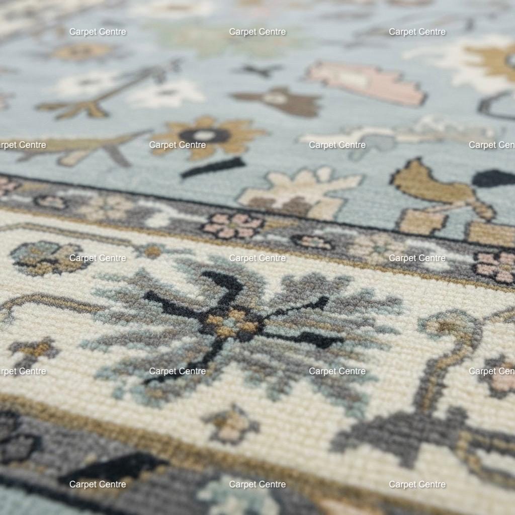 Light Blue Oushak Rug, Hand-Knotted Wool 8x10, Farmhouse Floral