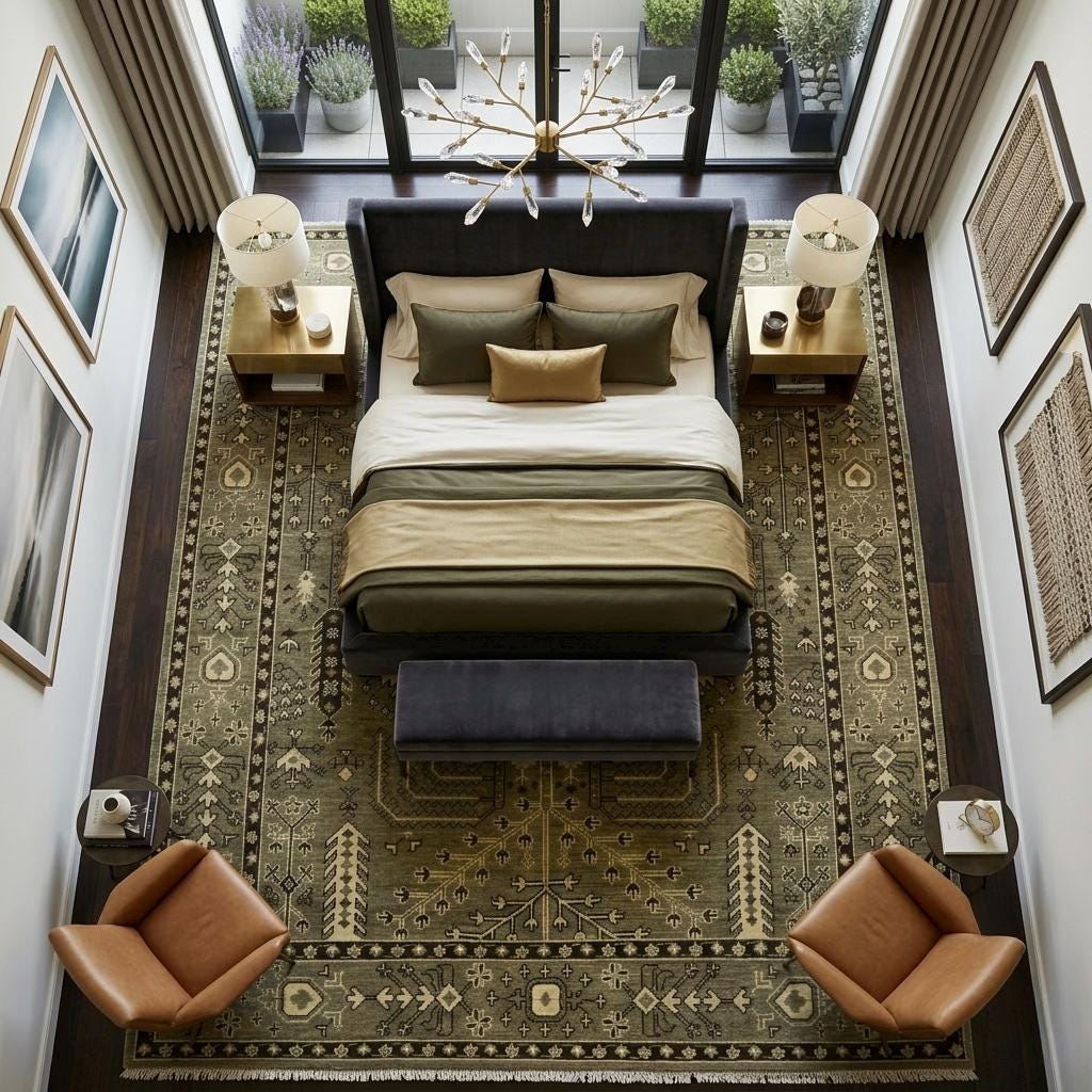 Hand Knotted Wool Oushak Rug, Olive Green Tree of Life Area Carpet