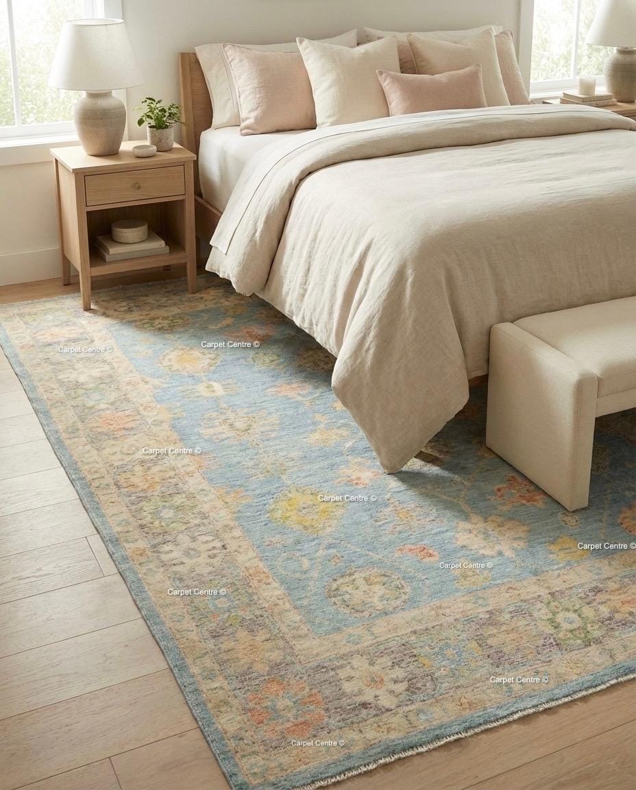 Handmade Sky Blue Oushak Wool Rug, Turkish Knot, Coastal Farmhouse Decor