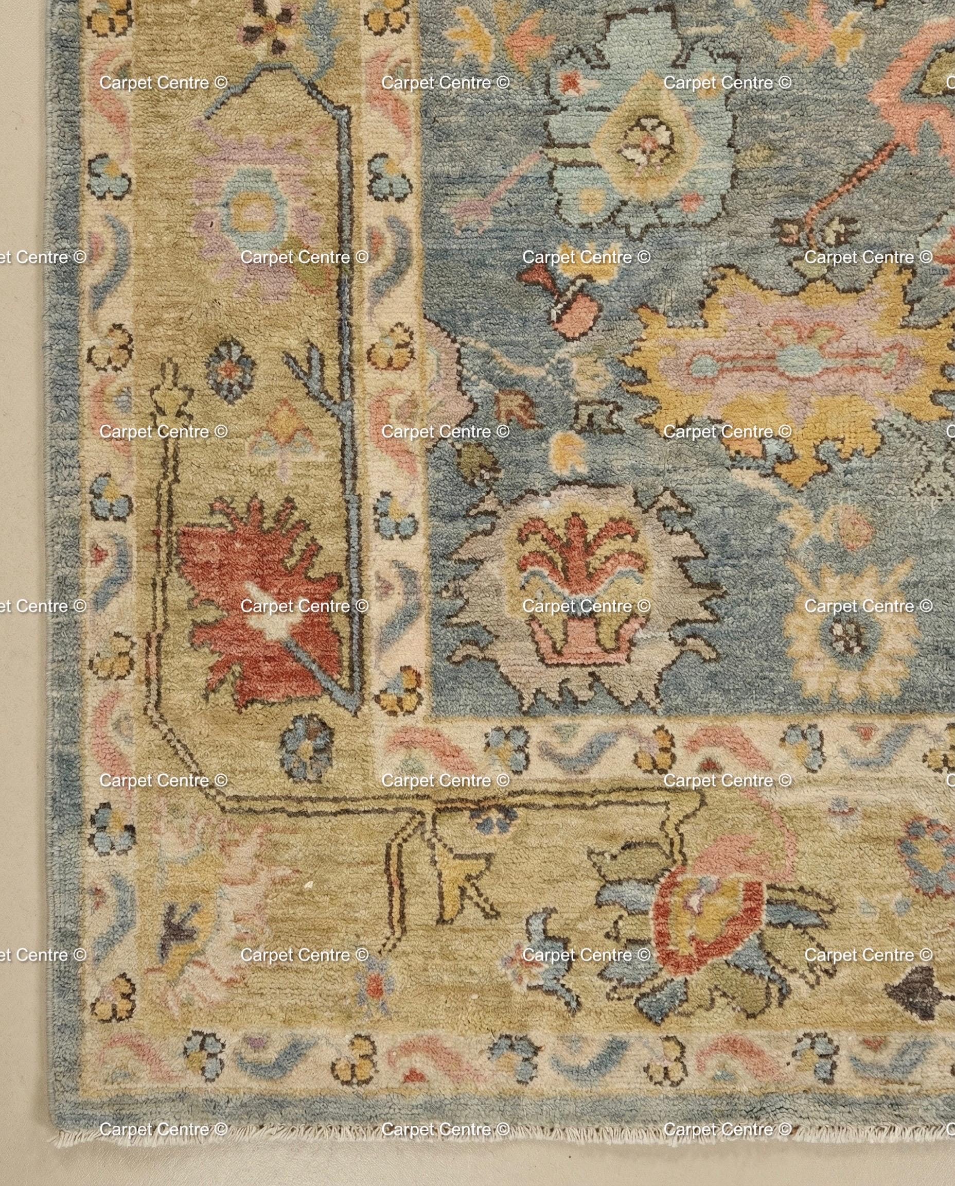 Floral Hand Knotted Oushak Wool Rug, Slate Blue & Gold