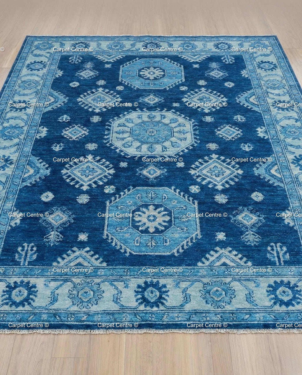 Hand-Knotted Oushak Rug, Indigo Geometric Tribal Wool Carpet, Boys Bedroom Decor