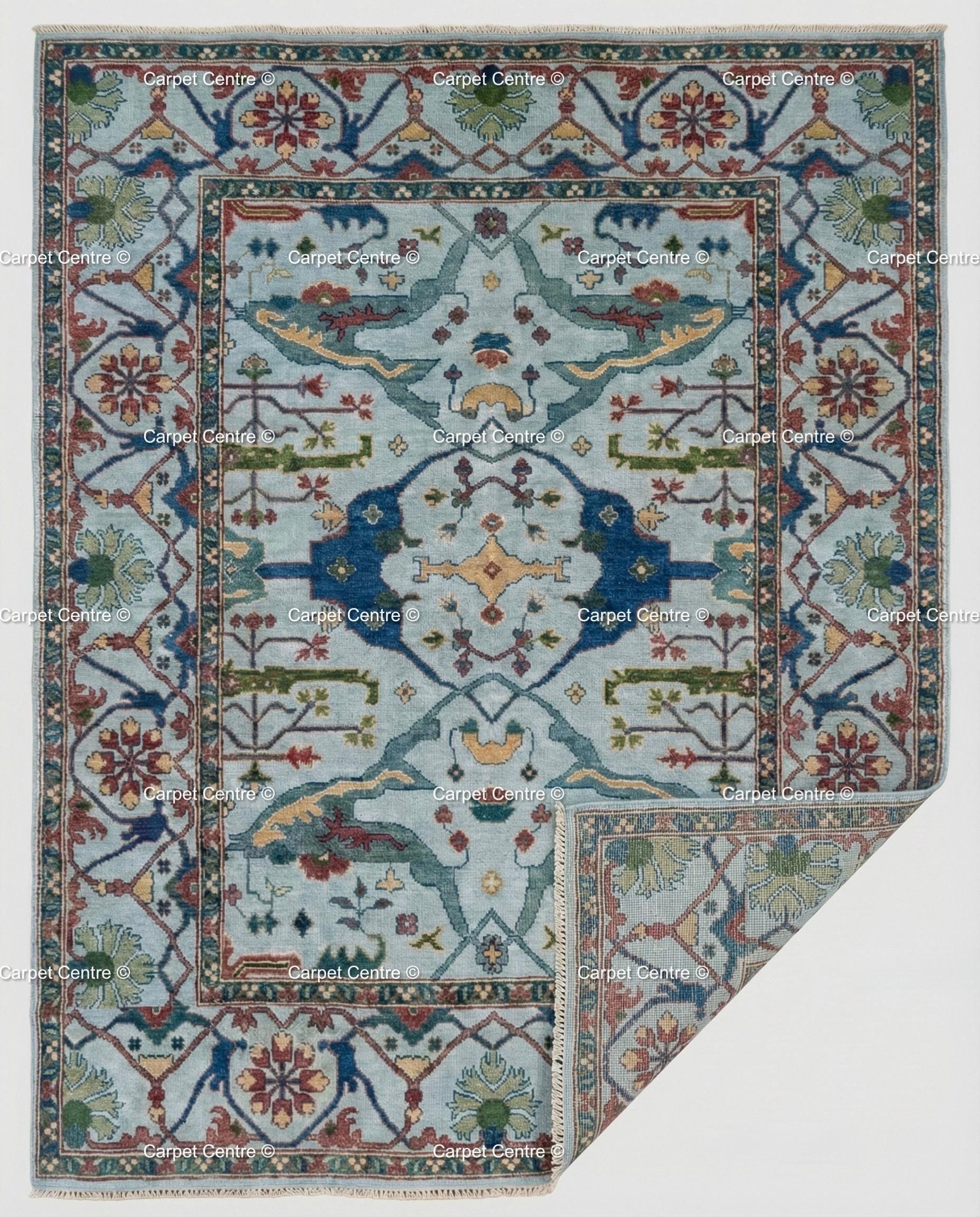 Hand Knotted Wool Oushak Rug, Geometric Serapi Style, Coastal Farmhouse