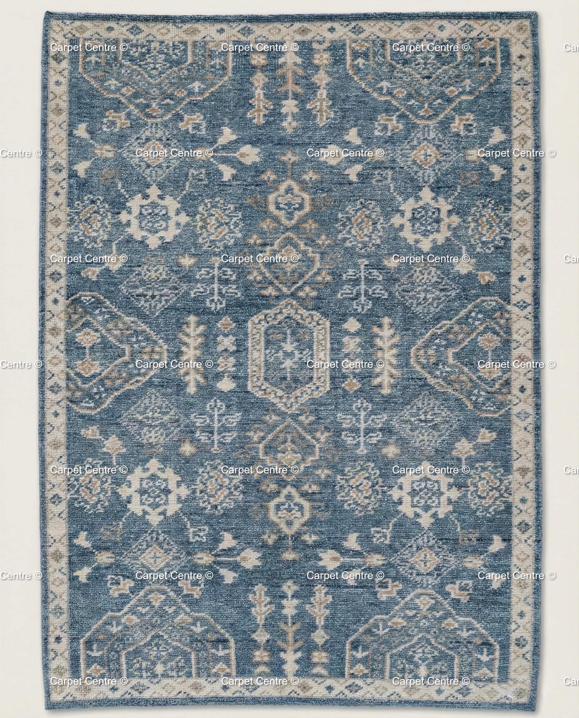 Indigo Blue Oushak Rug, Hand-Knotted Wool Tribal Geometric Carpet, Living Room Bedroom Decor