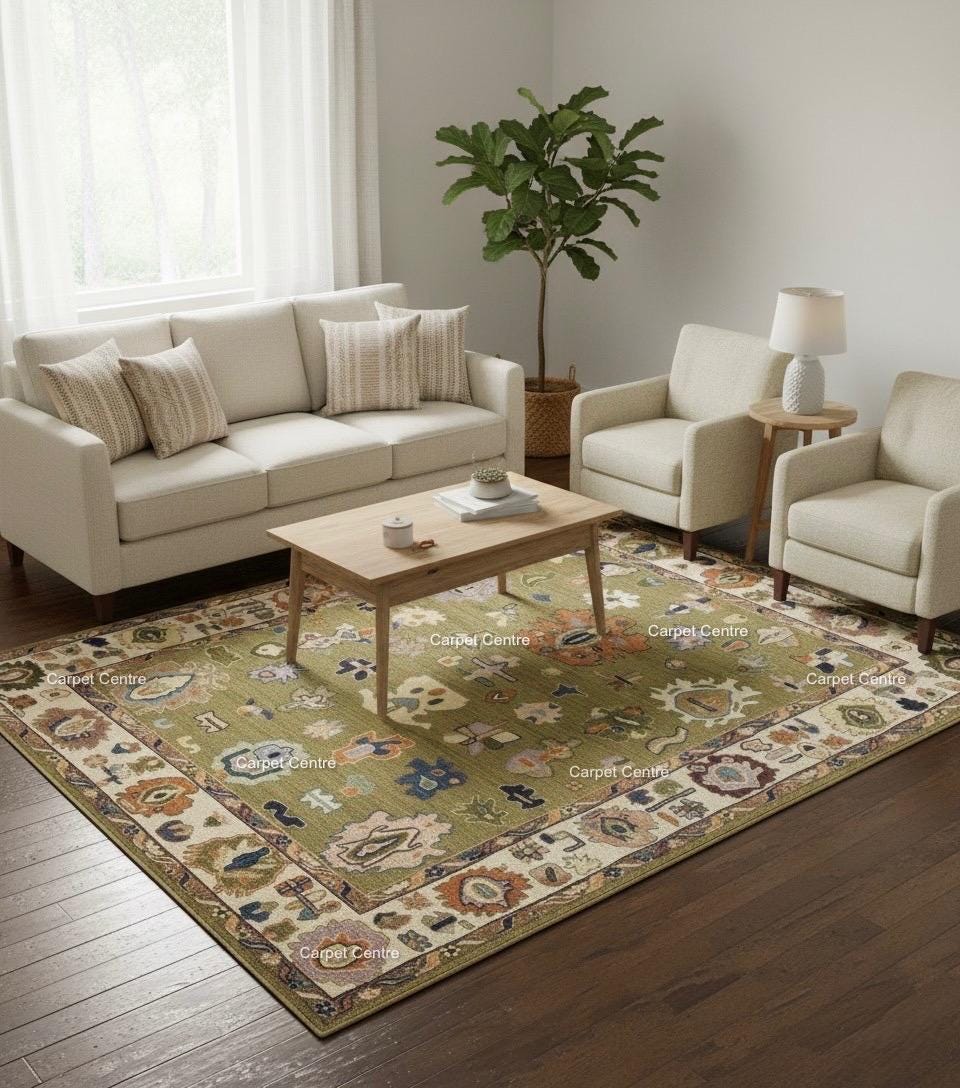 Olive Green Oushak Rug, Hand-Knotted Wool, Eclectic Boho Style