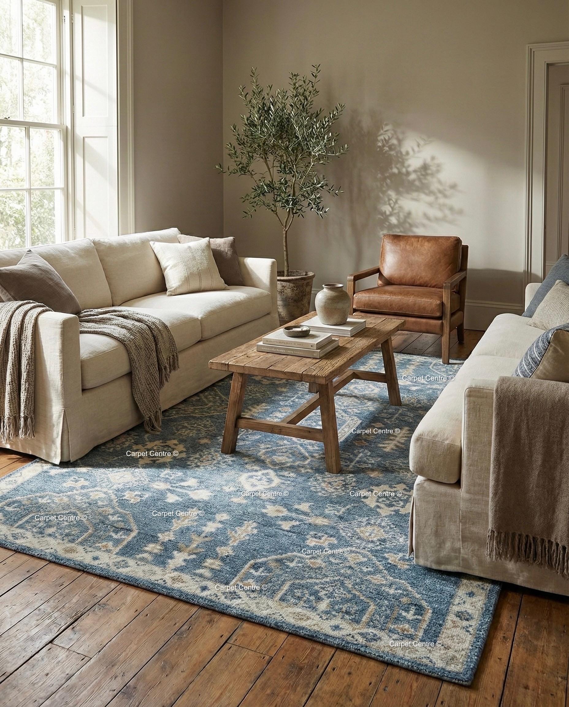 Indigo Blue Oushak Rug, Hand-Knotted Wool Tribal Geometric Carpet, Living Room Bedroom Decor