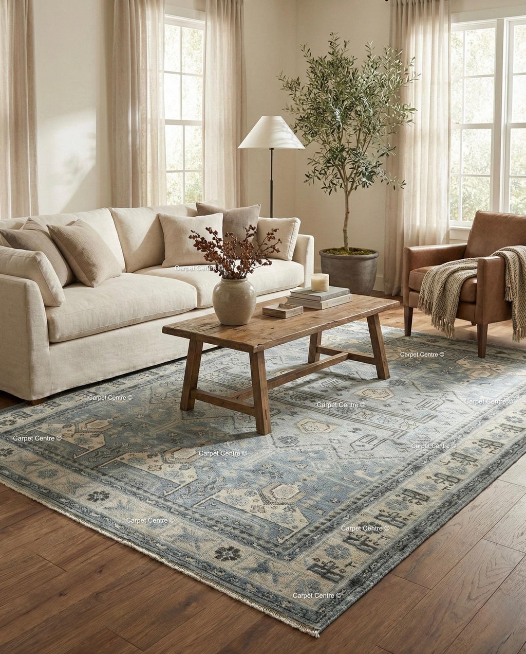 Hand-Knotted Wool Oushak Rug | Slate Blue Geometric Turkish Knot
