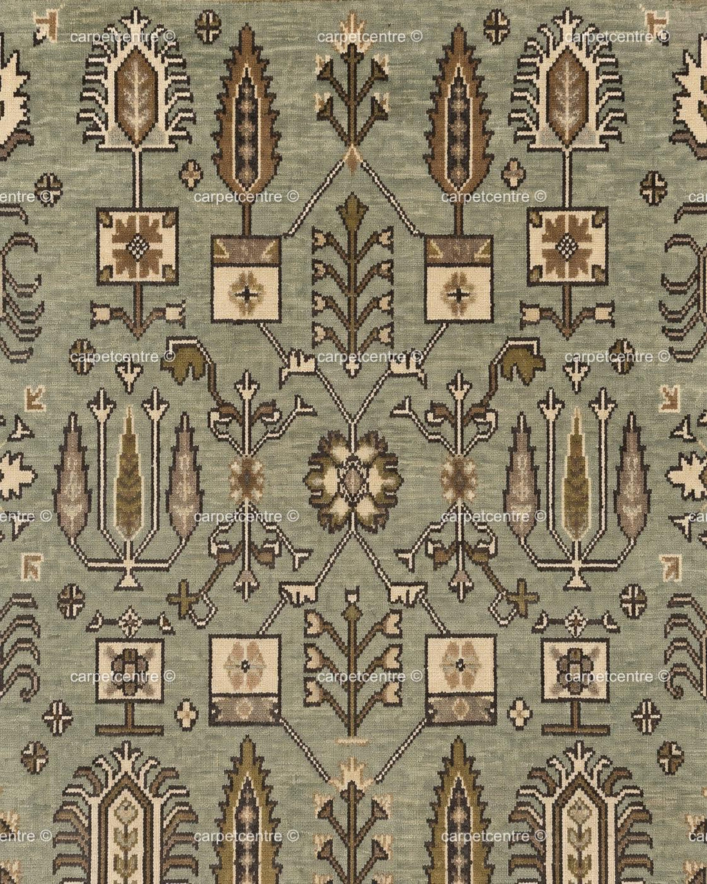 Hand Knotted Oushak Rug, Sage Green Wool Botanical Tribal Carpet