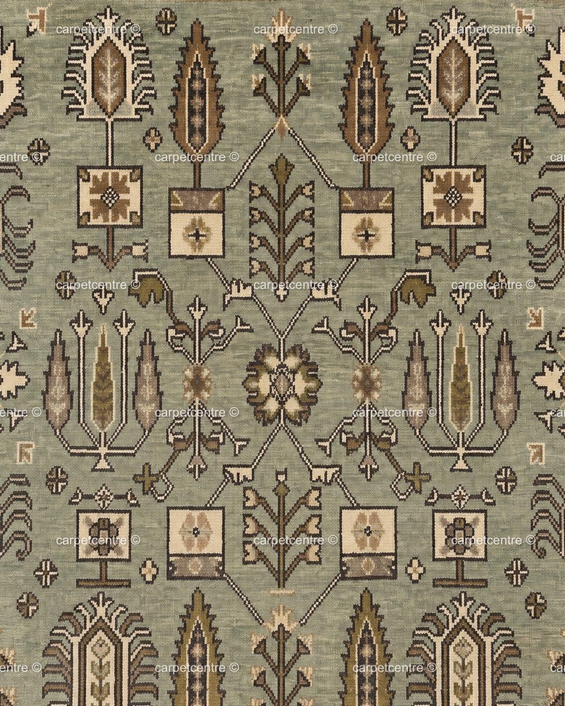 Hand Knotted Oushak Rug, Sage Green Wool Botanical Tribal Carpet
