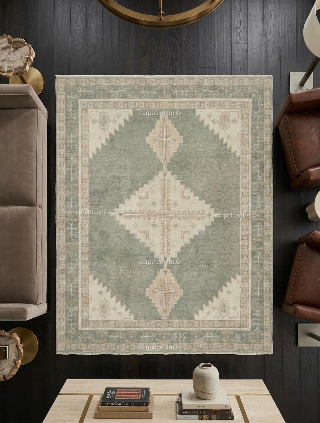 Hand Knotted Wool Rug, Muted Sage Green Pastel Turkish Style Area Rug