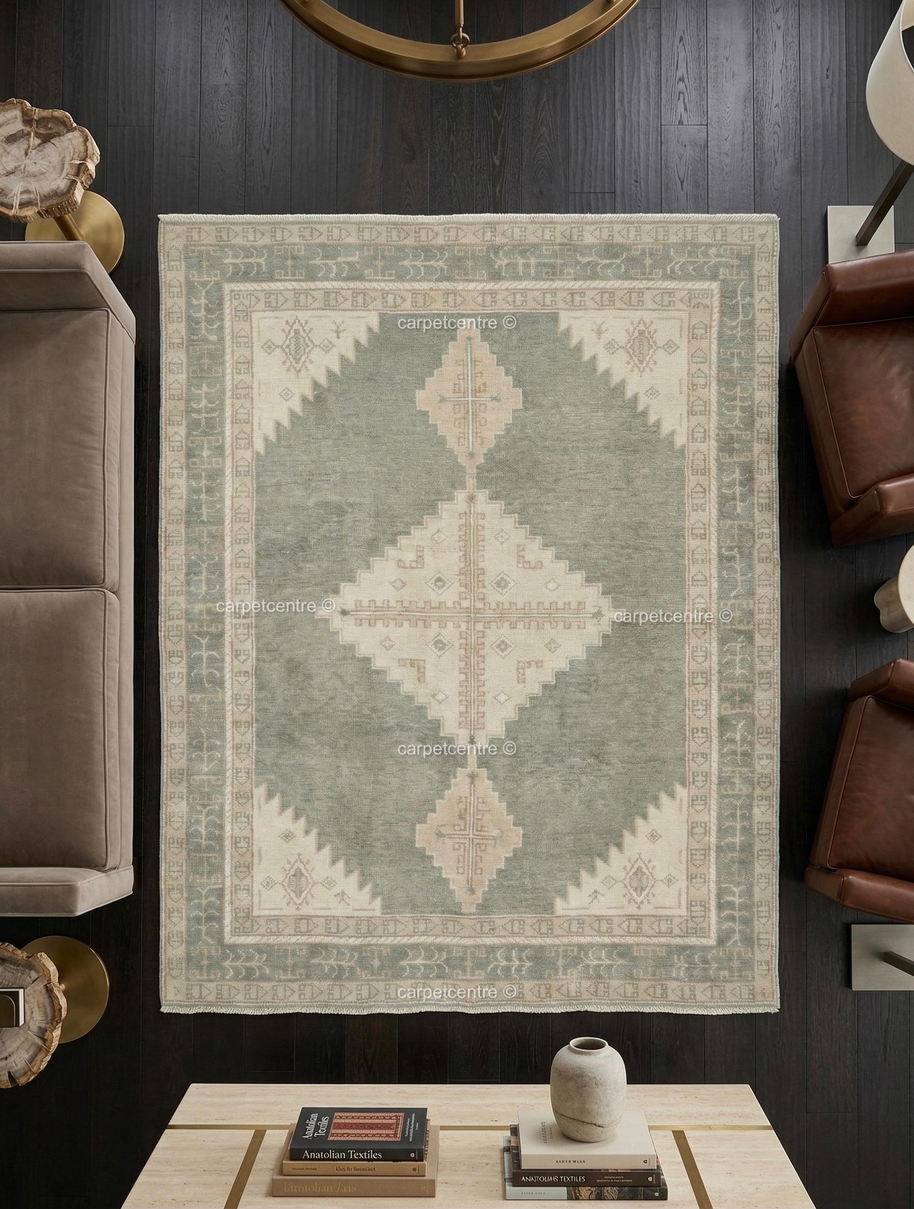 Hand Knotted Wool Rug, Muted Sage Green Pastel Turkish Style Area Rug