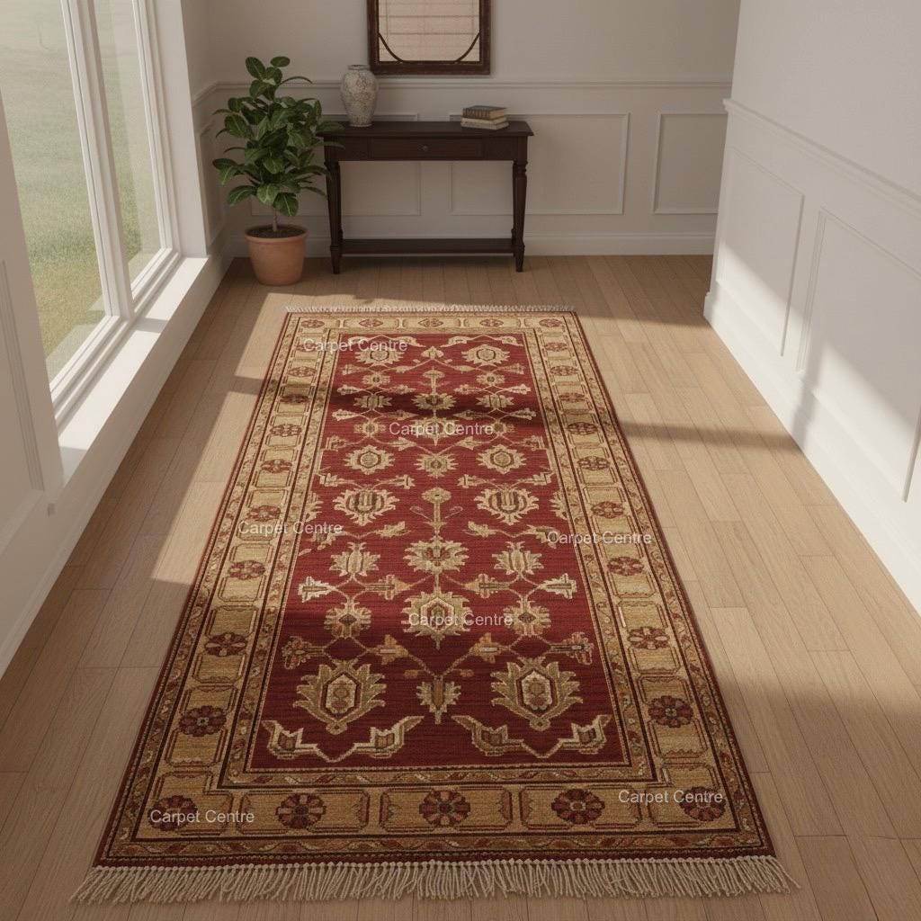 Hand-Knotted Oushak Wool Runner Rug, Wine Red Floral, Custom Size