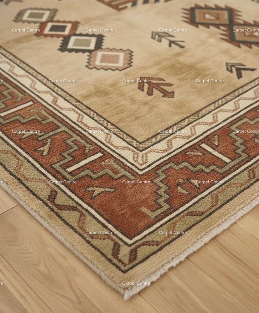 Hand-Knotted Wool Oushak Rug, Beige Geometric Tribal Design