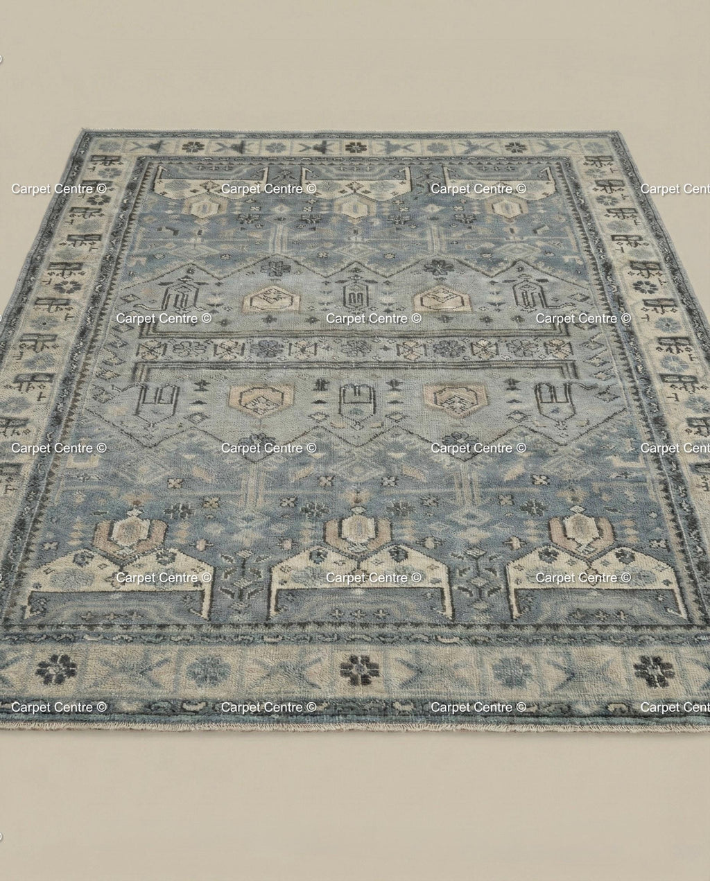 Hand-Knotted Wool Oushak Rug | Slate Blue Geometric Turkish Knot