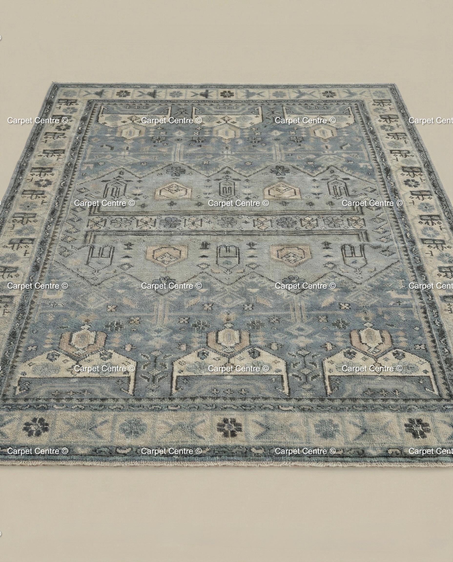 Hand-Knotted Wool Oushak Rug | Slate Blue Geometric Turkish Knot